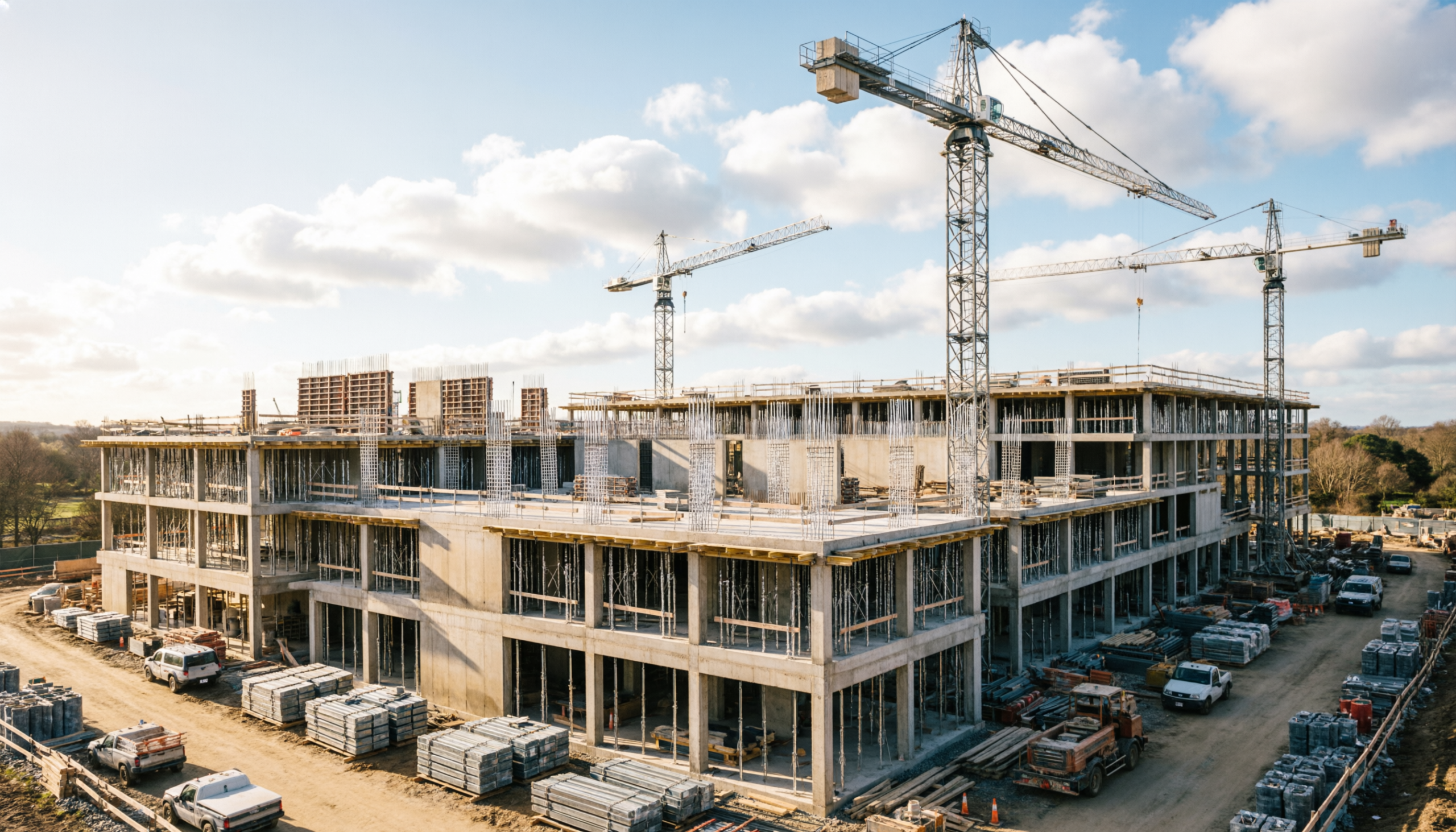 Cantiere di costruzione di un edificio pubblico finanziato tramite Sukuk, esempio di investimento halal nell