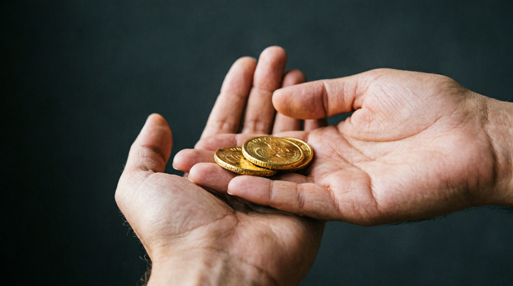 Mano che porge monete dorate, simbolo della zakat e della visione islamica della ricchezza come strumento di redistribuzione e solidarietà