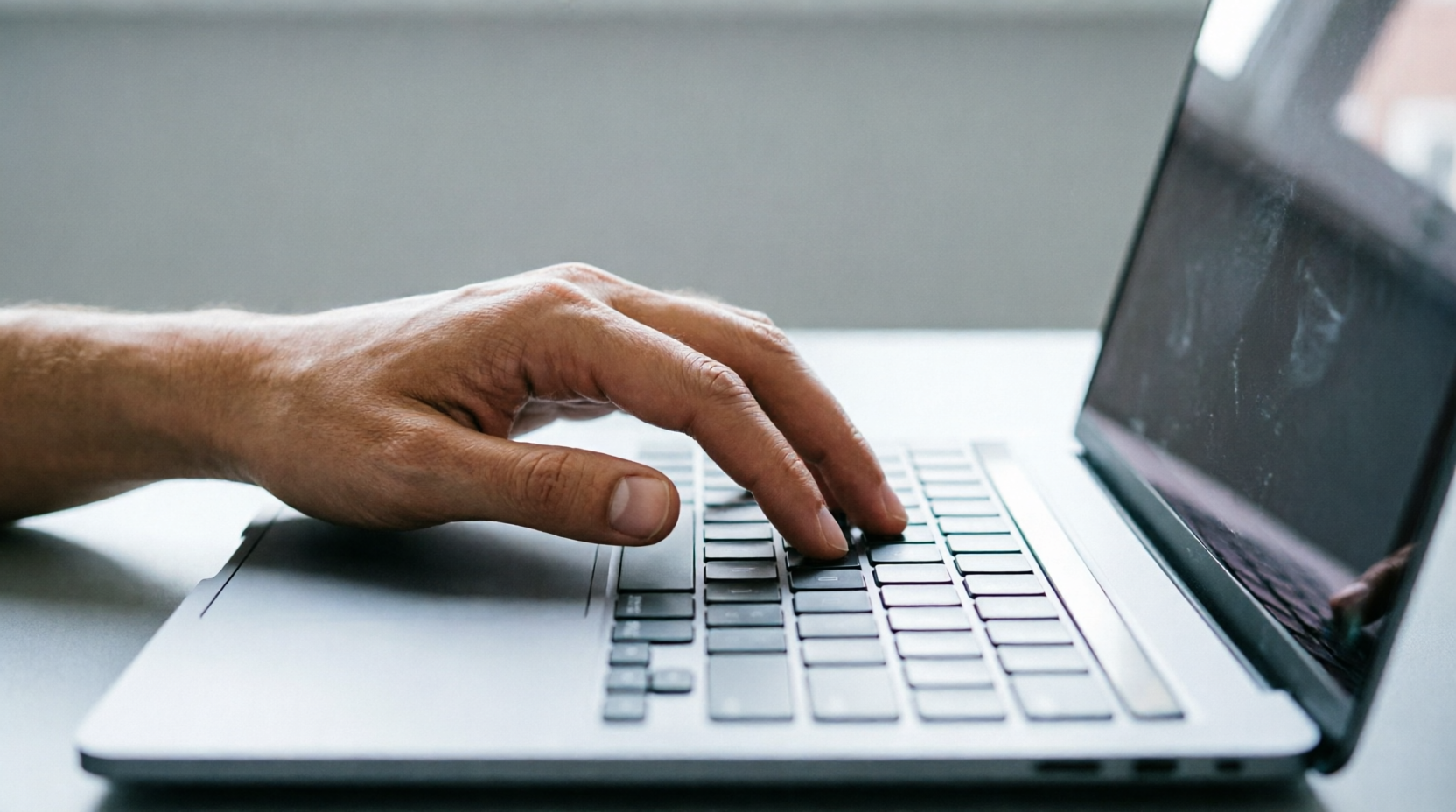 Mano che digita su laptop, simbolo del contratto online nella finanza islamica e della validità dell'ijab e qabul a distanza secondo la Sharia