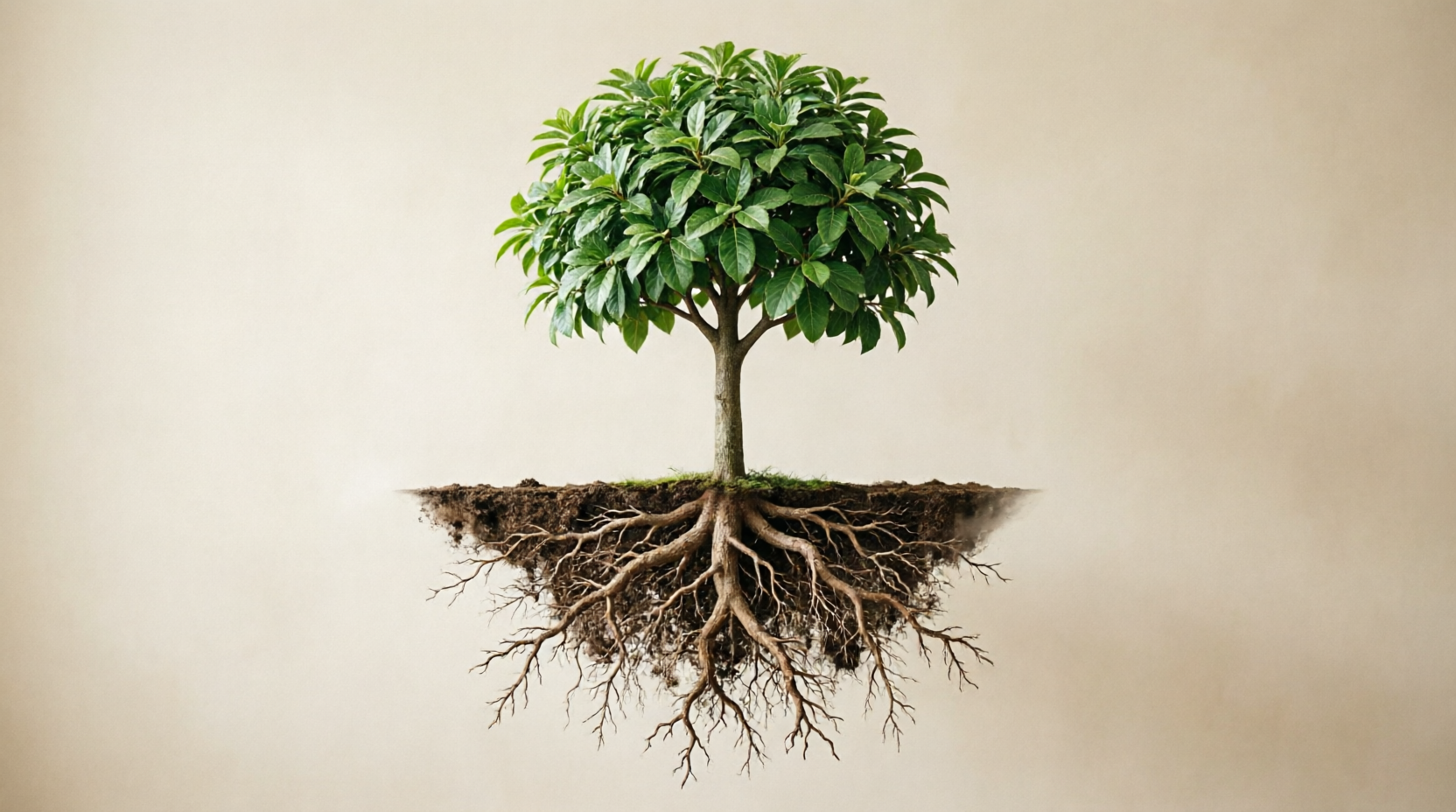 Albero con radici profonde visibili, metafora dell