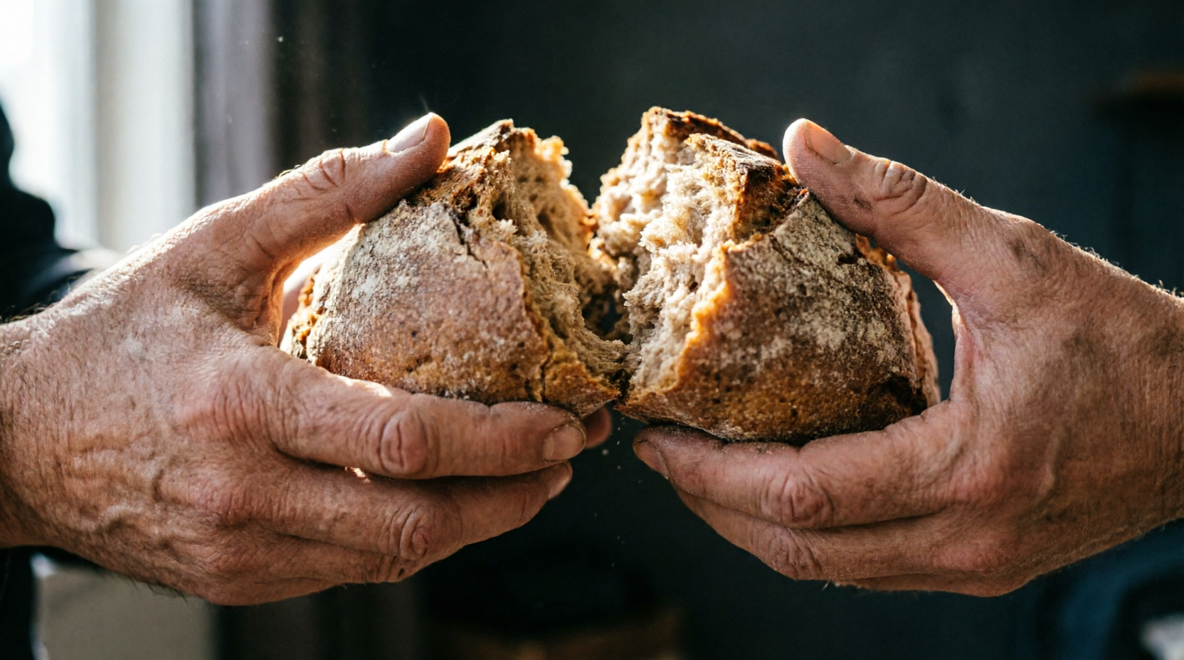 Due mani che condividono un pane spezzato, simbolo della generosità nell